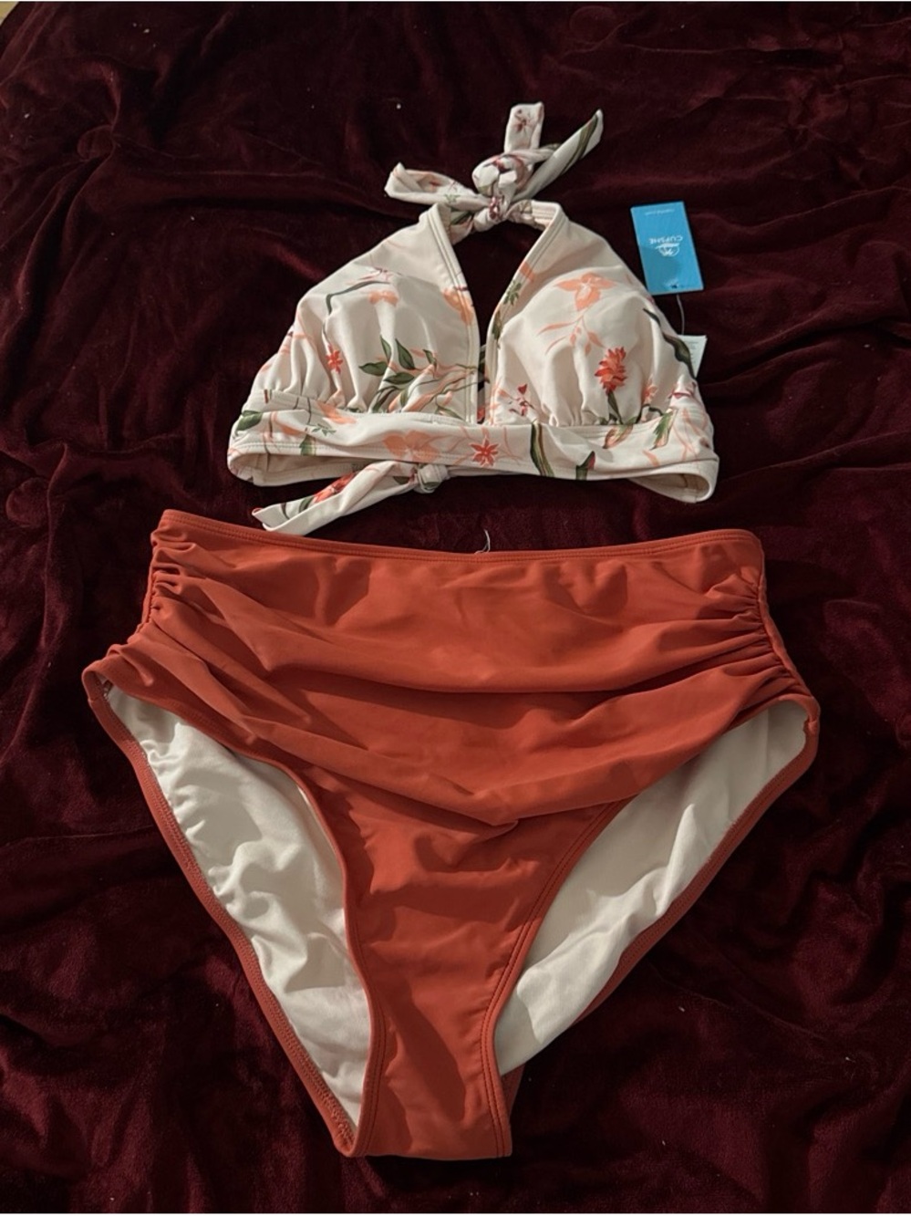 Cupshe Cream Floral Halter Bikini Top with Rust High-Waist Bottoms